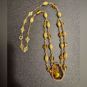 Vintage Czech Gold and Amber Glass Necklace